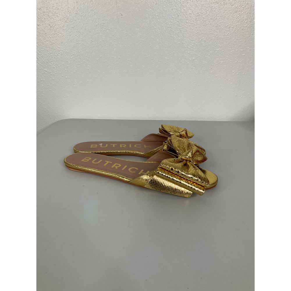 Butrich Gold Metallic Snakeskin Embossed Bow Slide Sandals Hecho en Peru Size 41